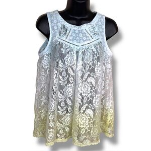 Small Umgee Blue Yellow Ombré Lace Sleeveless Top Lace Floral Semi Sheer Pastel